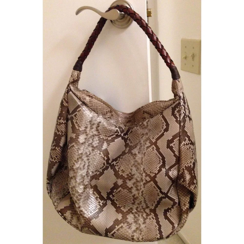 Auth Great Cond REAL natural beige brown PYTHON Carlos Falchi hobo shoulder bag